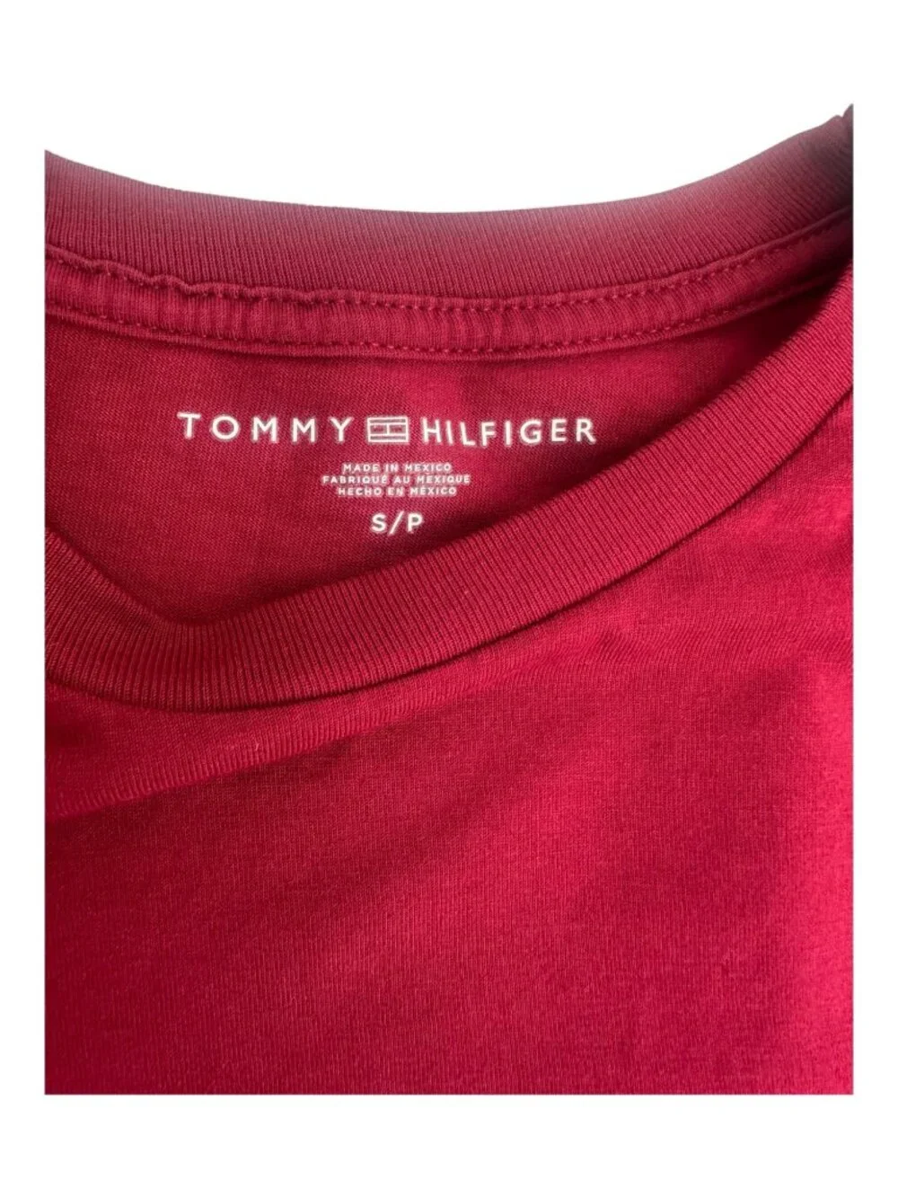 Tommy Hilfiger Men's T Shirt Small Burgundy Stripe Logo Cotton Casual Crewneck